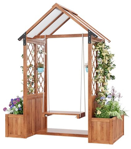 Garten-Pergola mit Schaukel, Pflanzkasten mit Rankgitter, Tannenholz, Sonnendach aus Polycarbonat, Braun