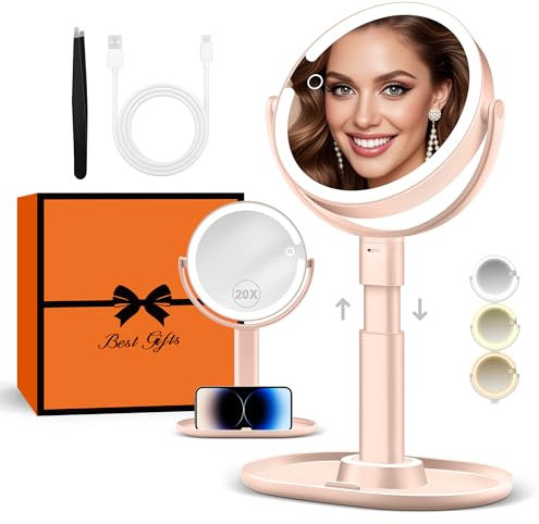 B Beauty Planet Beleuchteter Makeup Spiegel 30X Vergrößerungsspiegel mit 3 Farblicht, dimmbare LED & höhenverstellbar - Kosmetikspiegel 2-seitig für Badezimmer - Geschenk für Frauen Rosa