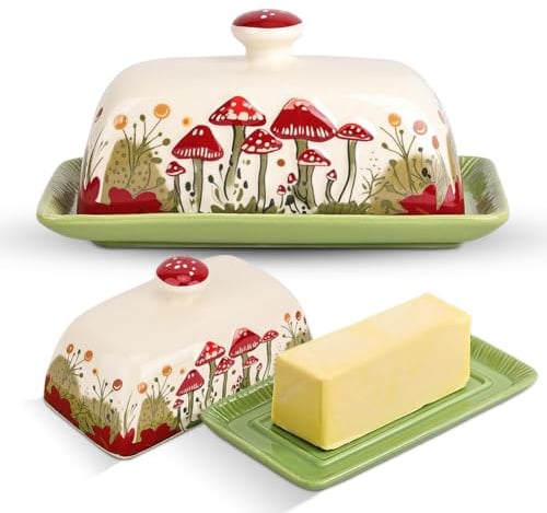 Butterdose Hochwertige Butterdose Keramik,Griff Butterdoses Kunststoff für 250g Butter Bunt Handbemalt,Keramik Handgefertigt Verwendung im Haushalt und in der Küche
