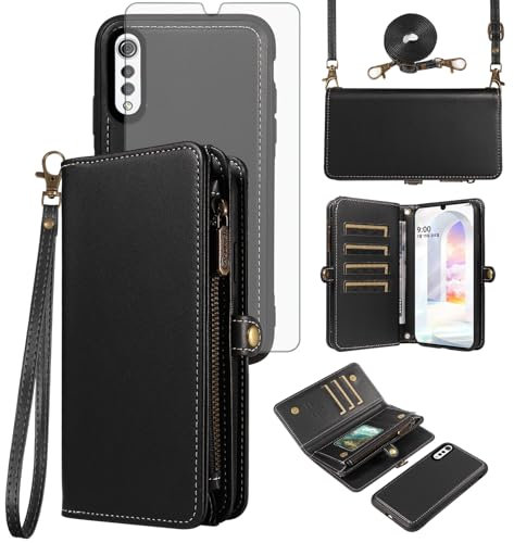 Asuwish LMG910EMW LM-G910EMW Mobile Phone Case for LG Velvet 5G/4G with Strap Film Protective Film Card Slot Foldable Leather Flowers Wallet Stand Black