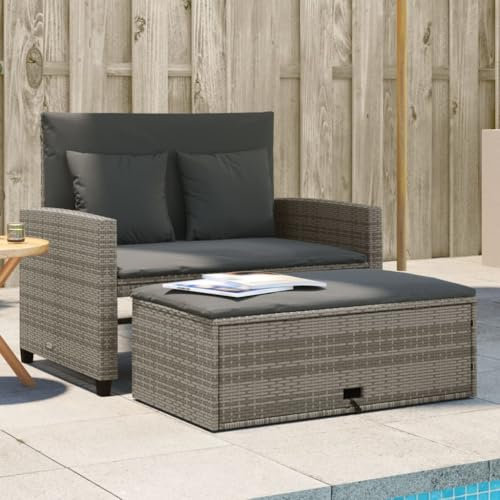 ChicAbode Gartensofa 2-Sitzer Outdoor Sofa mit Hocker mit Staufach, Couch mit abnehmbarm Bezug, Gartebmöbel Gartengarnitur mit Kissen Grau Poly Rattan
