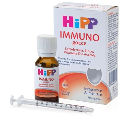 HiPP- HiPP Immuno Gocce, Integratore Alimentare, Difese Immunitarie Bambini, Benessere di Naso e Gola, Lattoferrina, Zinco, Vitamina D, Acerola, Bambini, Sistema immunitario, 20ml
