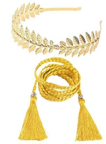 TUONYIS 2 Pièces Greek Costume Accessories Couronne de Laurier Doré Bandeau Grecque Romain et Ceintures Tressées Fines, Accessoire Cheveux Mariage, pour Romains,Déesse Grecque,Mardi Gras,Carnaval (Or