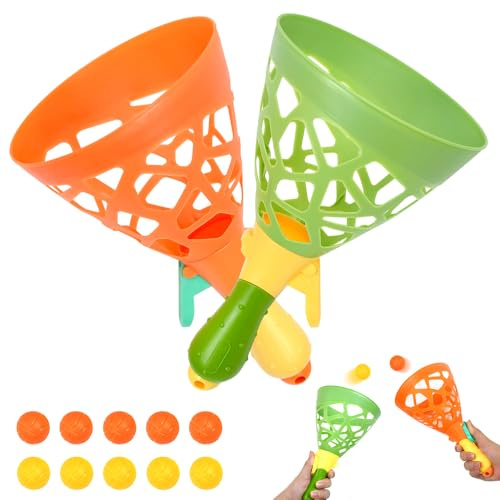 Zuxbolf Fangballspiel Outdoor 2er Set mit 2 Fangbechern & 10 Bällen | Grün/Orange, Für Garten, Strand und Park, Trainiert Reaktion, Koordination und Freizeitspaß