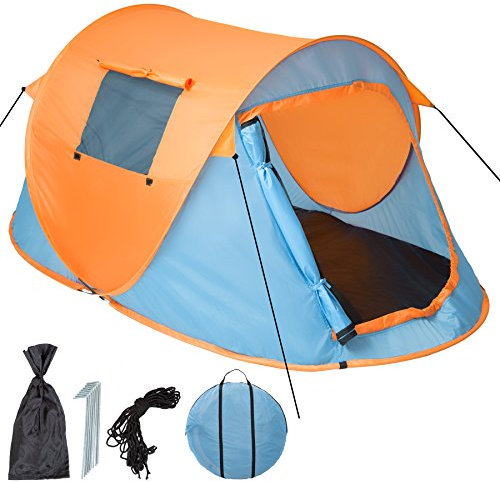 tectake® Pop Up Zelt wasserdicht, Wurfzelt, Camping Zelt 2 Personen, inkl. Heringe und Tragetasche, kleines Packmaß, für Windschutz Strand, als Angelzelt, Campingzelt (Blau-Orange | Nr. 401674)