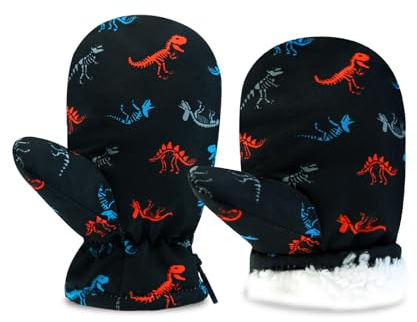 SEYUFN Ski Gants Hiver Gant Enfant Fille Moufles Bebe Moufle Garçon Respirant Gant pour Filles Peluche Gants Garçon Chaud (Dinosaure Noir, L(2-4 Ans))