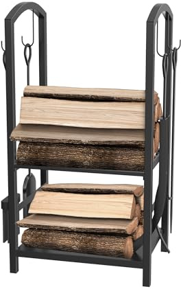 LILIIN Kaminholzregal Kaminholzständer 5-teiliges Set Metall Holzlager, Brennholzregal Kaminholzregal mit 4 Kaminwerkzeug Brennholz für Innen und Aussen, 40 x 38 x 75 cm