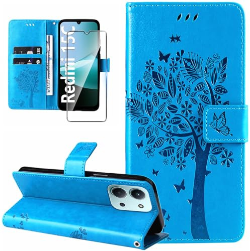 Dcjlbo Coque pour Xiaomi Redmi 15C 4G/5G Etui Portefeuille en Cuir avec Verre Trempé Motif Porte Carte à Rabat Clapet Housse Protection Flip Case Étui-Bleu