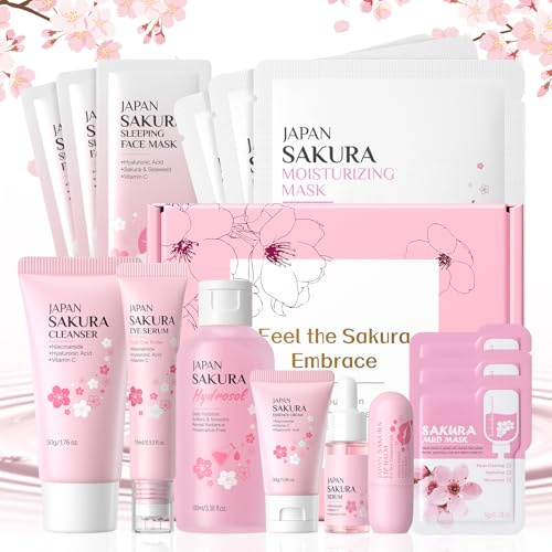 Sakura Ensemble de Soins de la Peau, 15 Pièces Skincare Adolescente Fille | Coffret Cadeau Beauté Femme Avec Nettoyant Visage Tonic Essence Crème Masque, pour Nettoyant Hydratant Apaisant