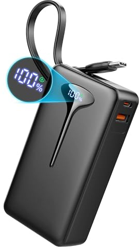 Power Bank, 10000mAh Mini Caricatore Portatile 22.5W Ricarica Rapida, Ultra Portatile Powerbank con USB C Cavo Integrato, Batterie Esterna di 3 porte uscita per iPhone 16 Samsung Xiaomi Android iPad