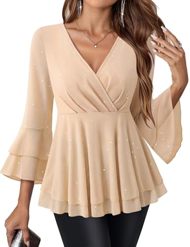 Vafoly Pailletten Oberteil Damen Dold Langarm: Glitzer Silvesterparty Tunika für Frauen Business Casual Oberteil für Office Wear Bluse Damen Elegant 3/4 Arm Tunika V-Ausschnitt Champagner XXL