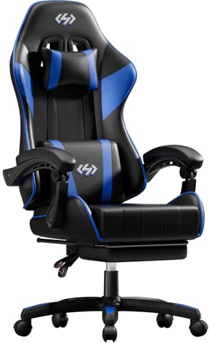 HLFURNIEU Chaise Gaming Ergonomique avec Support Lombaire, Noir & Bleu | Appui-Tête, Repose-Pieds, Hauteur Réglable, Fauteuil Gamer pour Bureau, Facile à Assembler