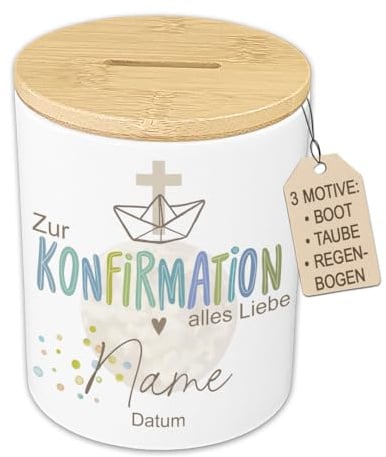 Spardose Konfirmation Personalisiert mit Namen & Datum - Geldgeschenk Konfirmation Junge & Mädchen - Keramik mit Holzdeckel - Teenager Wunscherfüller Geschenk