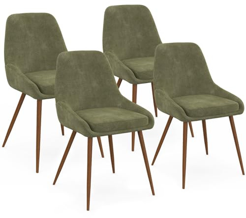 IDMarket - Juego de 4 sillas THALYA en tela de chenilla verde y patas de nogal con reposabrazos