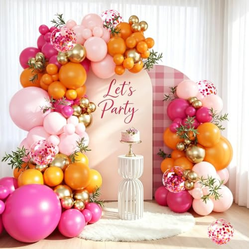 Kit Arche Ballon Rose Orange, 109 Anniversaire Ballons Gold Rose Et Orange | Helium Ballon de confettis Gold Rose Et Orange, Ballons Rose Vif Pour Decoration Anniversaire Bapteme Fille Femmes Mariage