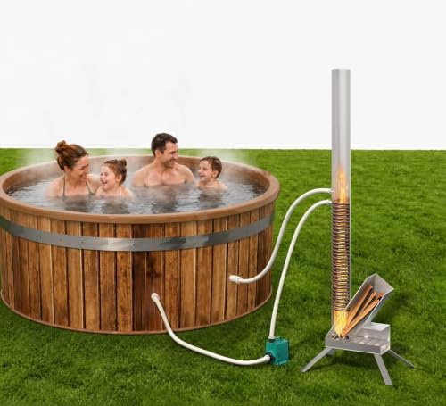 ECOPOOLTECH Outdoor Poolheizung Holz Feuertonne, Tragbarer Brennholz Wärmepumpe, Edelstahl-Heizspirale Wärmetauscher Holzfeuer-Poolheizung für Spas