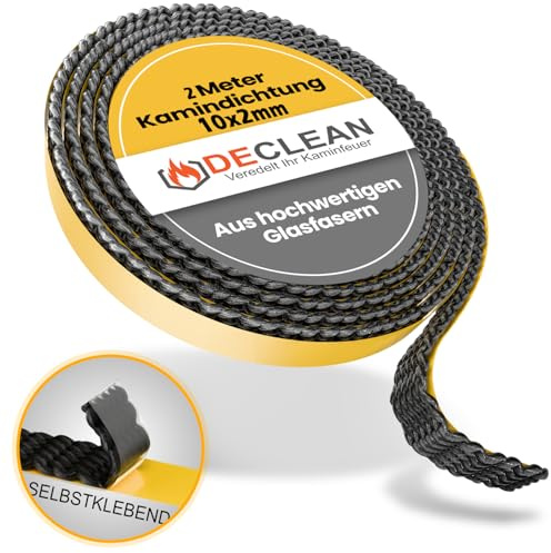 Chimney seal cord self-adhesive sealing tape glass door fireplace oven seal made of fibreglass, heat-resistant up to 550 °C, length 2 m, width 10 x 2 mm.