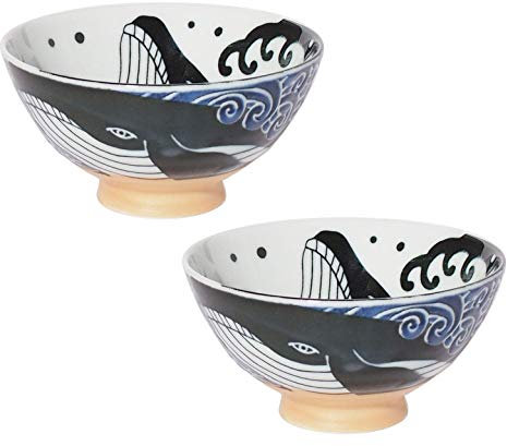 Minoru Touki White Wave Whale Blue Ceramic Rice Bowl Small Set of 2 φ4.4×H2.4in 11.29oz