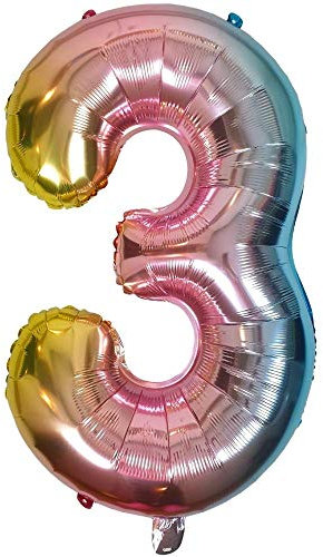 DIWULI Luftballon 3 Geburtstag XL Rosa Regenbogen - Zahl 3