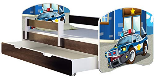 ACMA Kinderbett 140x70 Jugendbett mit Einer Schublade und Matratze, Farbe Wenge, Rausfallschutz Lattenrost II Spielbett Kinderzimmer Möbel, 38 Polizei