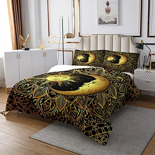 Böhmische Tagesdecke 170x210 3D Golden Sonne Und Mond Bedrucktes Bettwäscheset Für Kinder Teenager Erwachsene Mandala Gesteppte Bettdecke Traumfänger Bettdecke Set, Trippy Boho Hippie Dekor, Schwarz