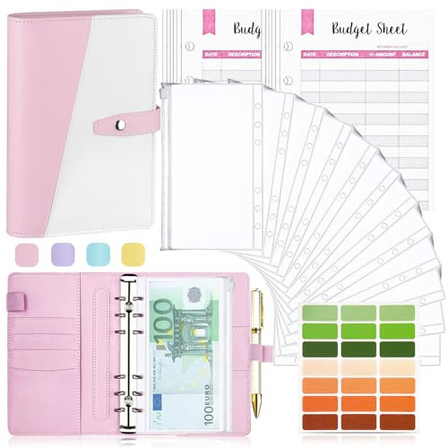 Budget Planner Budget Binder A6, Budgetplaner Geld Organizer mit Weiche PVC Tasche, TAOPE PU Leder Budget Binder Notizbuch A6 Cash Stuffing, 6 Löcher Budget Planner, Haushaltsbuch mit Geldfächer Rosa