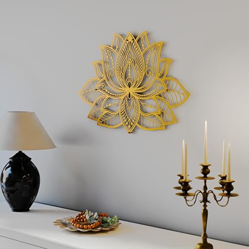 iwa concept 3D Mandala Metall Wanddekoration | Lotusblume Dekoration für Zuhause | Schlafzimmer Metall Wandkunst | Büro Dekor | Wohnzimmer Dekor | Neujahr Geschenk | (36 x 23) | 91 x 59 cm, Gold