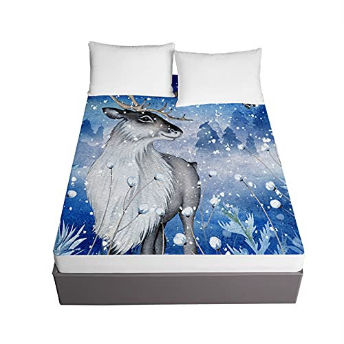 Chickwin Spannbettlaken Mikrofaser, 3D Elch Drucken Spannbetttuch Boxspringbett bis 30cm, Spannbettlaken Weiche Atmungsaktivem für Kinder & Erwachsene (Schneeflocke,140x200x30cm)