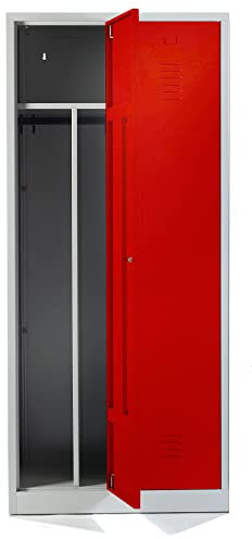Schrank & Stuhl Spind – Metallspind mit 2 Abteilen, 180 x 80 x 50 cm, inkl. Hutboden, Trennwand und Zylinderschlösser, Lieferung komplett montiert, Grau/Rot