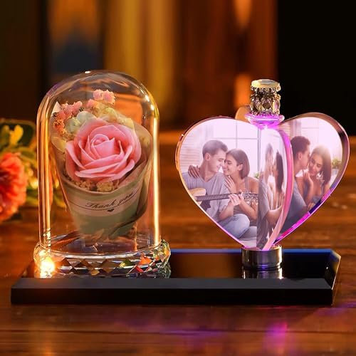 Impression de cristal avec votre photo, décor de bureau de bureau cadeau photo personnalisé lampe en cristal d'amour sur cadre en verre transparent avec support (fleur rose)