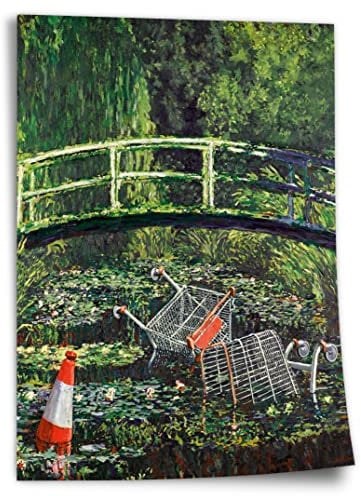 Poster aus Baumwolle Banksy Meets Monet Japanische Brücke Seerosen - Klimaschutz Street-Art Moderner Kunstdruck Canvas Kunstdruck ohne Rahmen, Wandbild - A4, A3, A2, A1, A0, XXL - Wohnzimmer, Schl..