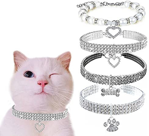 4 Stück Strass Hundehalsbänder Katze Glitzer Charms Hundehalsbänder Verstellbares Kristall Katzenhalsband Elastische Niedliche Schmuck Halskette für Kleine Haustiere Katze Hund