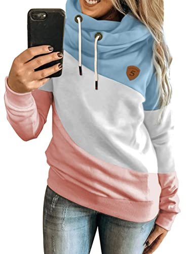 Dokotoo Damen Kapuzenpullover Farbblock Hoodie Pullover Stehkragen Langarm Sweatshirt Oberteile Pulli für Herbst Winter, himmelblau, L