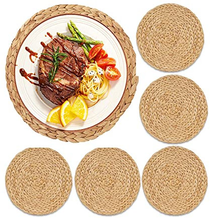 Tiamu Tischsets Abwaschbar 6er Set, Platzsets aus Wasserhyazinthe, Platzsets Rund Untersetzer Ø 30cm, Geflochten Platzdeckchen Teller, Tischschoner, rutschfest Platzteller für Esstisch