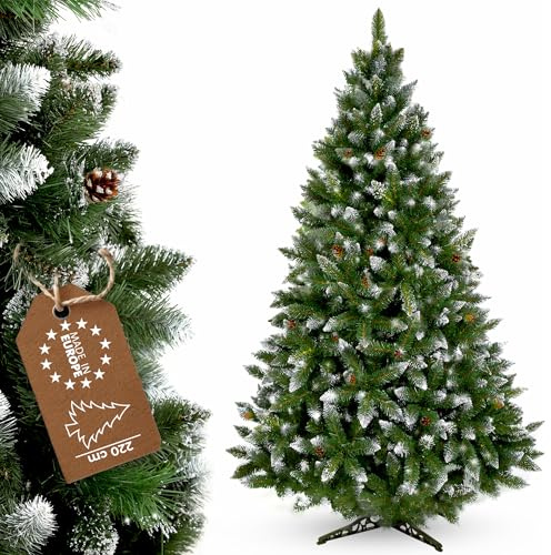 KADAX künstlicher Weihnachtsbaum mit Raureif und Zapfen 220 cm, grün Tannenbaum mit 521 Zweigen, ca.120cm, Kiefer Christbaum aus PVC mit Kunststoffständer (Rentier 220cm)