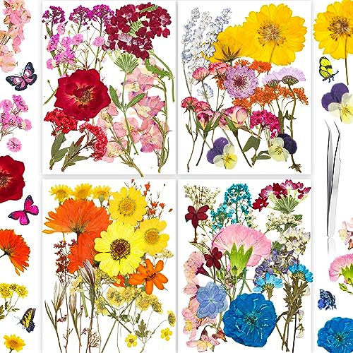 YoothBro 154PCS Real Nature Dried Pressed Flowers for Resin Mold, Dry Pressing Floral with Butterfly Transparent Stickers Set for DIY Jewelry Making Nail Card Scrapbook Art Craft Endless Love
