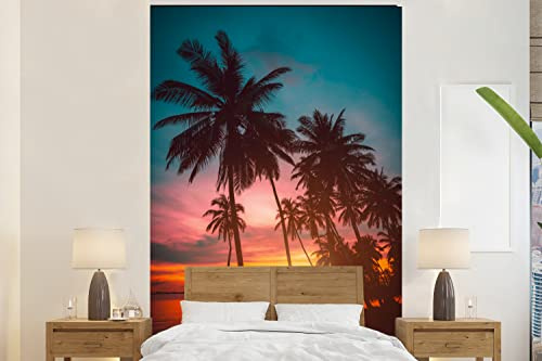 Papier peint Mer - Palmier - Coucher de soleil - Plage - Silhouette Papier peint photo 145x220 cm Papier peint imprimé