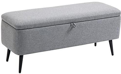HOMCOM Puff Almacenaje Banco Almacenaje Tapizado en Lino Sintético con Tapa Abatible y Patas de Acero para Dormitorio Salón Entrada Carga 150 kg 101x38,5x44,5 cm Gris
