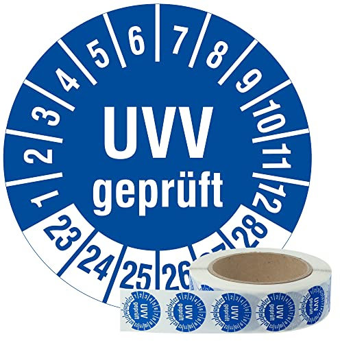 Labelident Mehrjahresprüfplaketten UVV geprüft 2023-2028 - Ø 30 mm - 1.000 widerstandsfähige Prüfplaketten auf Rolle, Polyethylen, blau, selbstklebend
