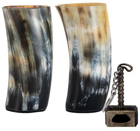 FENRIR Viking Drinking Horn Cup Set of 2, Ox Horn Goblet Glasses 12 oz hammar Opener Cool Unique Tumbler, Handmade Goblet | Medieval Stein for Ale, Mead, Whiskey Gift for Men and Women