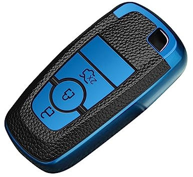 KUNIO Schlüsselhülle Passt für Ford Mondeo Mustang Explorer EcoSport S-Max Ranger Fiesta F150 F250 TPU Leder-Textur Schlüsseletui Autoschlüssel Hülle Schlüsselschutz 3 Tasten Blau