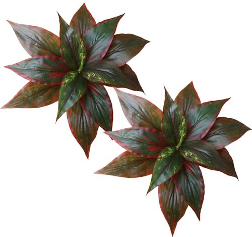 2PCS Artificial Greenery Plants for Indoor Outdoor Home Decoration, Fake Large Leaves Plastic Grass, UV Resistant, Faux Shrubs Bushes for Pots, Wall, Front Porch, Hanging Planter, Office, Garden