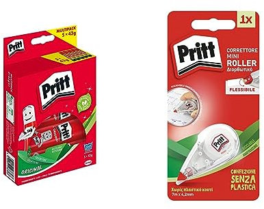 Pacchetto di Pritt Colla Stick 5 X 43 gr + Pritt Correttore Mini Roller con punta flessibile per l'utilizzo su entrambi i lati, sovrascrivibile immediatamente, 4,2 mm x 7 m