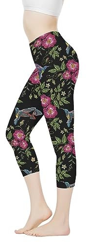 Belidome Capri-Leggings für Damen, Sommer, Sporthose, hohe Taille, Bauchkontrolle, weich, atmungsaktiv, Stretch, Kolibri-Blumen, S