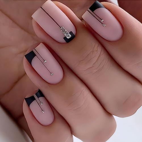 Square Short Stick On Nails,MouyouGlow Nude Pink Black French Tip Gems Press On Nails 24Pcs False Nails With Glue,Full Cover Fake Nails for Woman