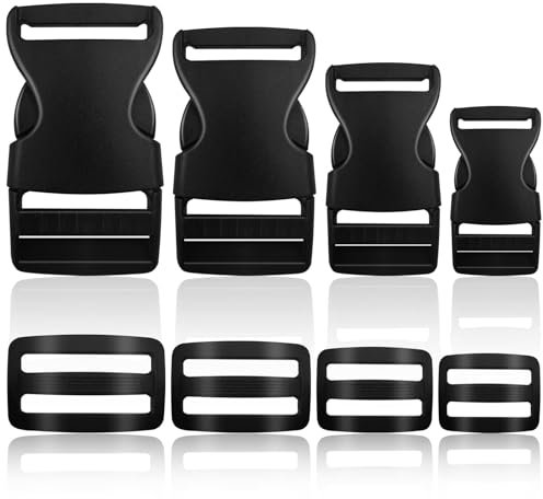 Sinofort 46 Stück Klickverschluss, 38mm/32mm/25mm/20mm Steckschnallen, 4-Größen Schnallen und Verschlüsse Steckschnalle Schnalle für Paracord Armbänder Kordeln (Schwarz)
