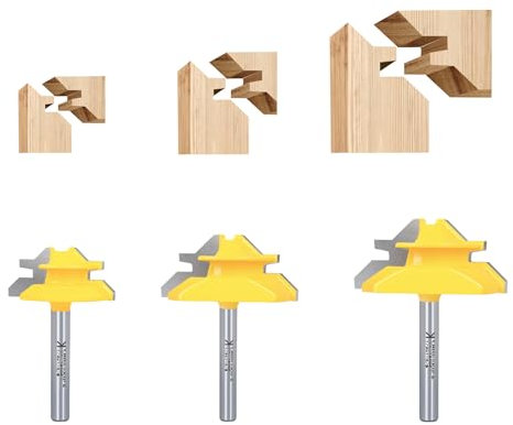 45 Degree Lock Miter Router Bit 3-Piece Set, for 1/2”, 5/8”, 3/4” Cutting Height.1/4 Inch Shank .Woodworking Tools Joint Router Bits Easy to Create Lock Miter Joint