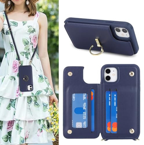 SailorTech iPhone 11 Case with Credit Card Holder, iPhone 11 Phone Leather Case Ring Stand with Kickstand Strap Card Slots Wallet Crossbody for iPhone 11 - Navy Blue