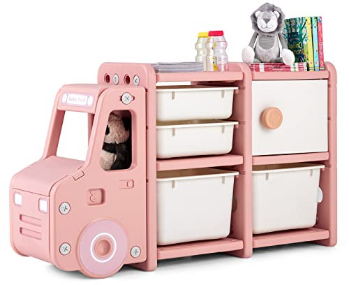 COSTWAY Spielzeugregal, 2 Ebenen Kinderregal mit Schrank und Aufbewahrungsboxen, Bücherregal für Kinder, Kinderzimmer Regal für Spielzeug Aufbewahrung, 110 x 32 x 66 cm (Auto, Rosa)