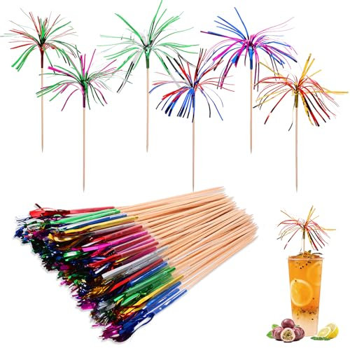 Molain 100 Stück Cocktail Feuerwerk Dekoration, Schirmchen Cocktail Palme Cocktailspieß Doppelschicht mehrfarbig Cocktail Schirmchen Fruchtzahnstocher für Party Geburtstagsbars Getränke